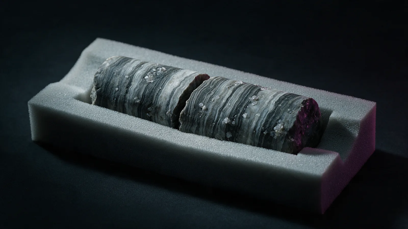 A split rock core in a foam tray, its banded mineral layers lit by low cold museum light
