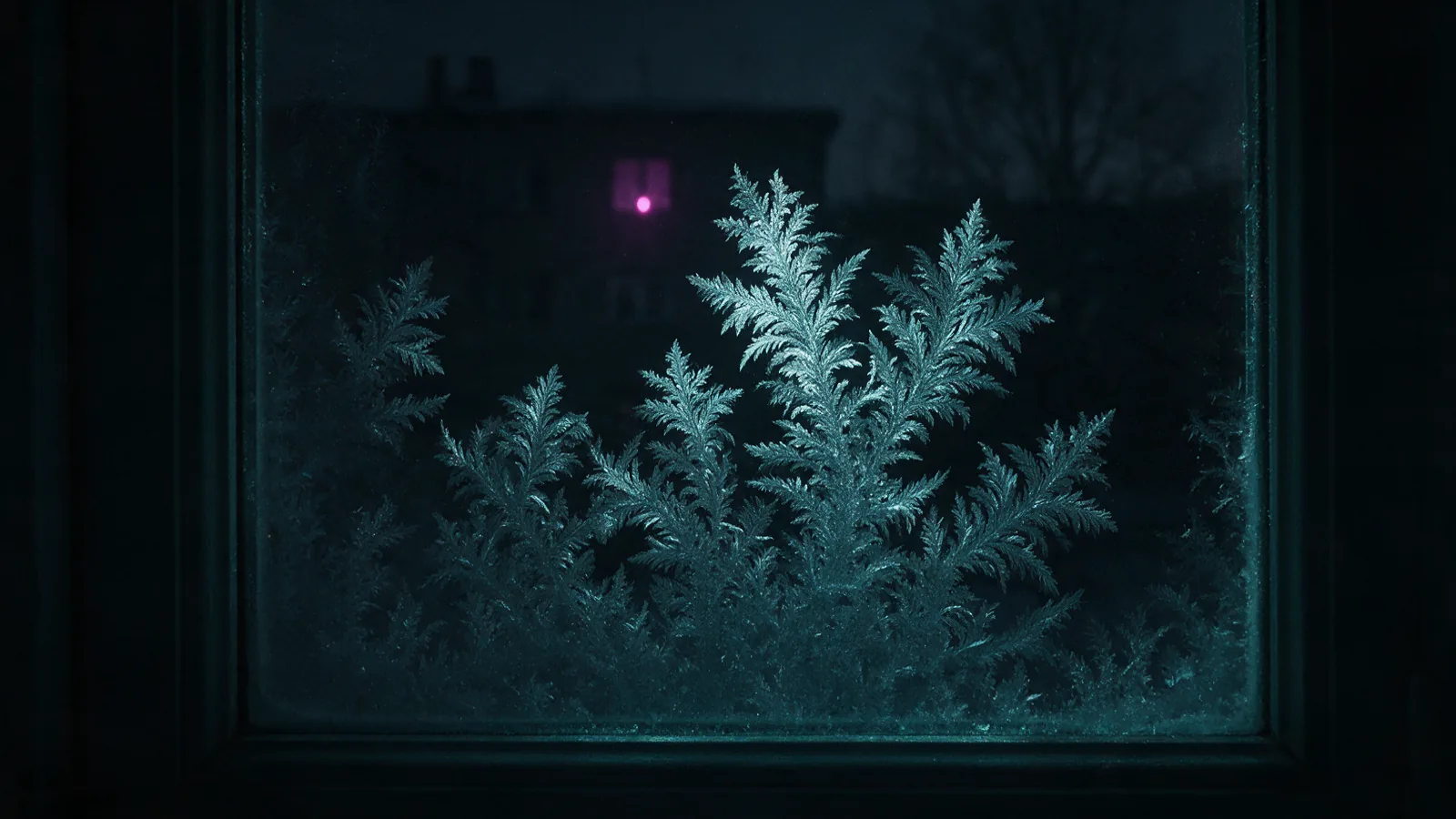 Frost crystals spreading in feathered patterns across dark glass, lit at a low angle