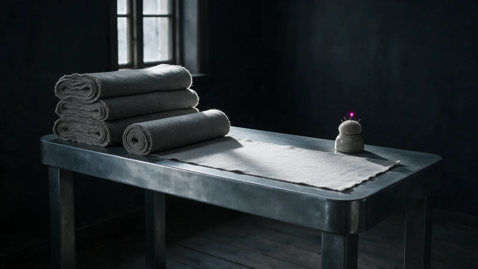 A cold workshop with stacked bolts of undyed grey wool, one unrolled across a zinc bench