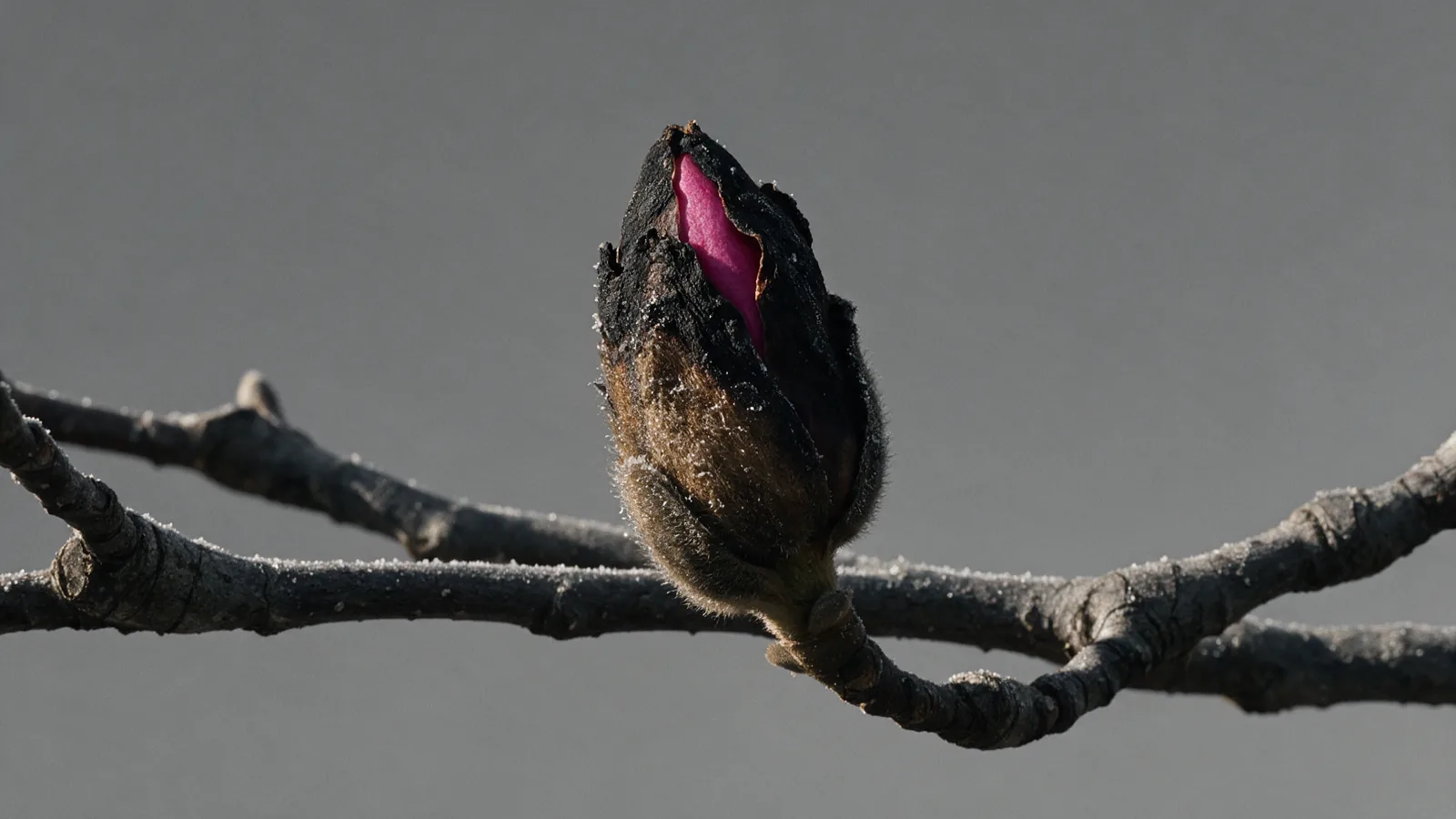 A frost-damaged magnolia bud on a bare branch against a flat grey winter sky, one petal edge split