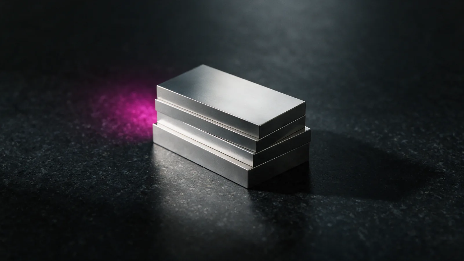 A stack of precision gauge blocks on a dark granite surface plate under cold raking light