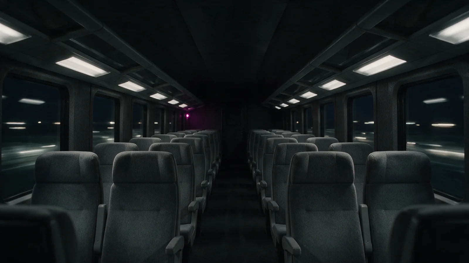 The interior of an empty night train carriage with cold light reflected in dark windows