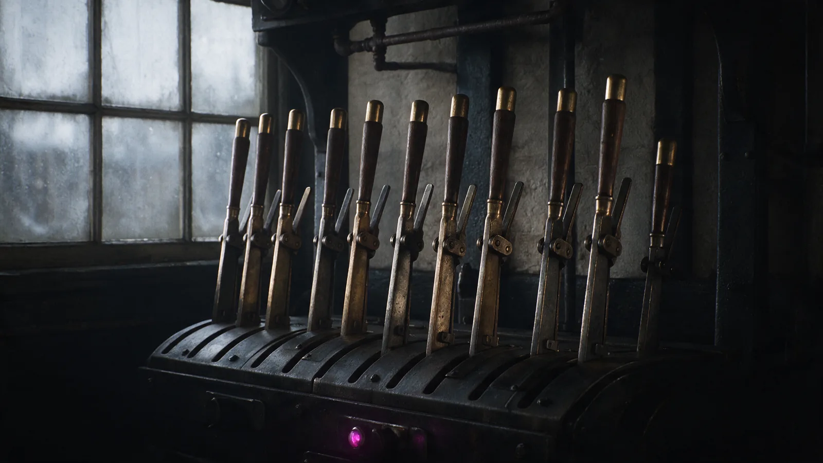 A row of worn brass and steel levers in an old railway signal cabin lit by cold winter light