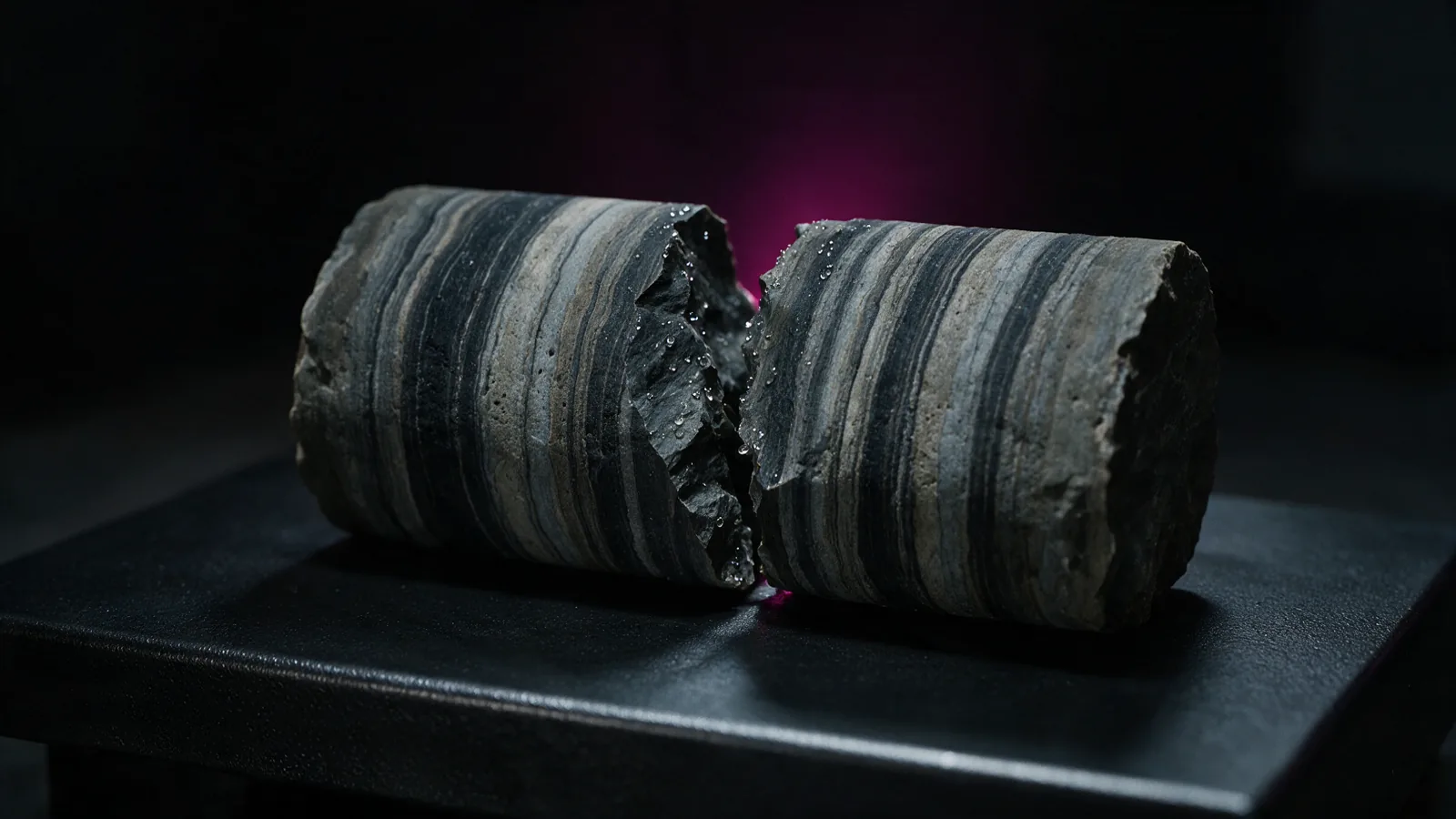 A split rock core showing distinct mineral layers under cold directional light