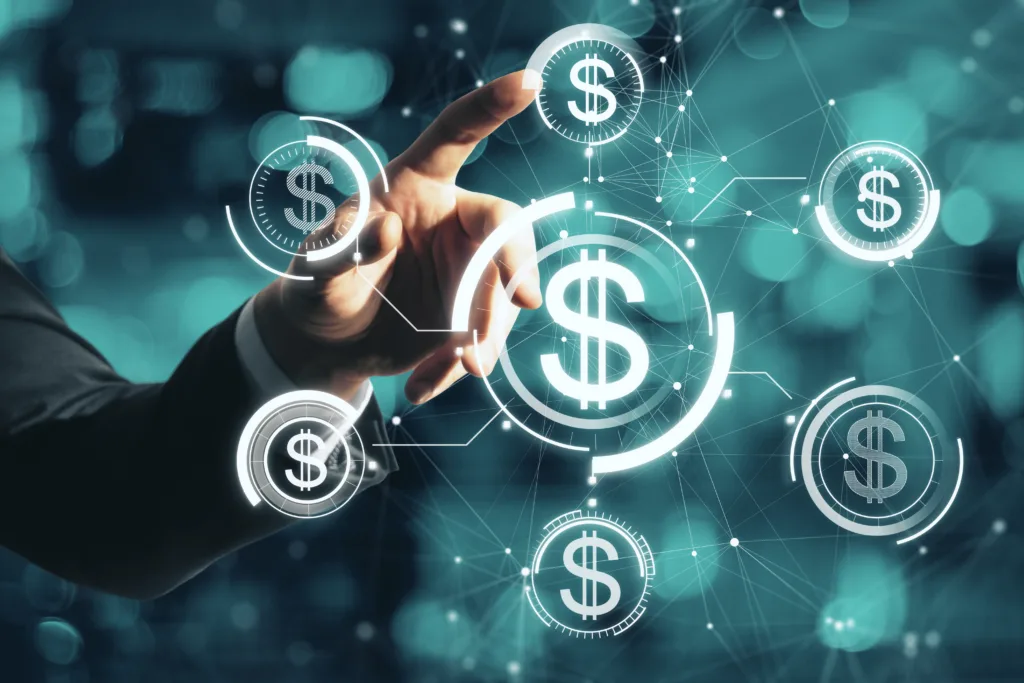 hand pointing glowing digital american dollar interface hologram