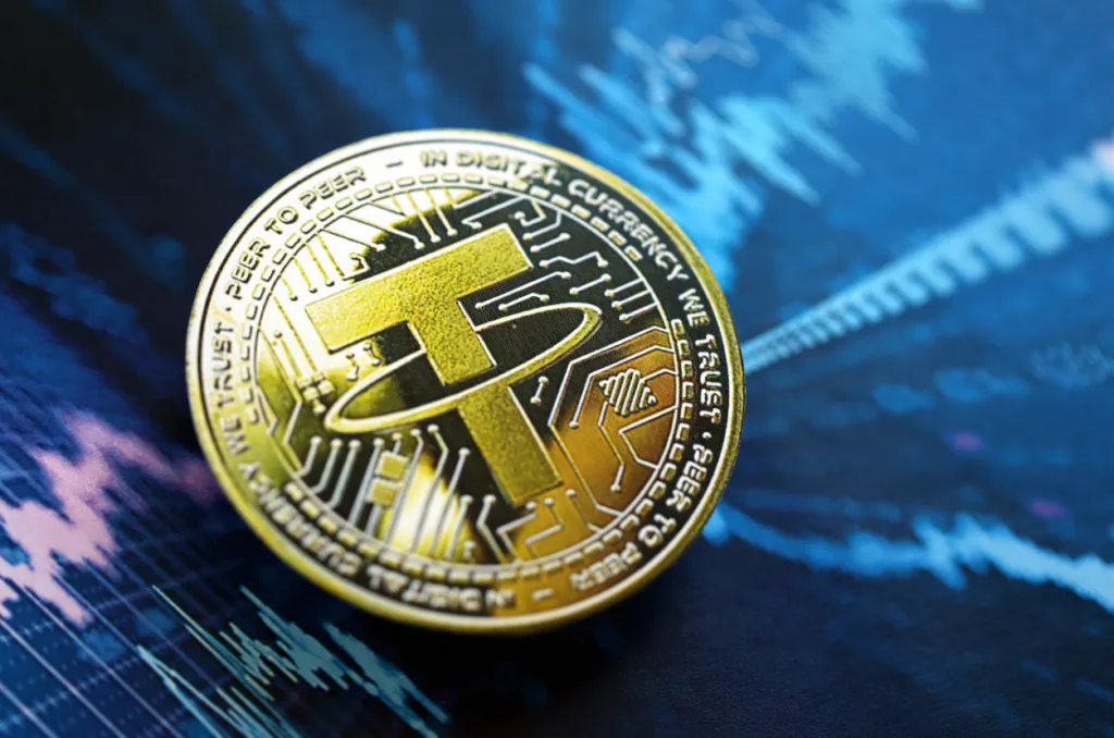 Gold coin representing Tether on digital chart background symbolizing Crypto License