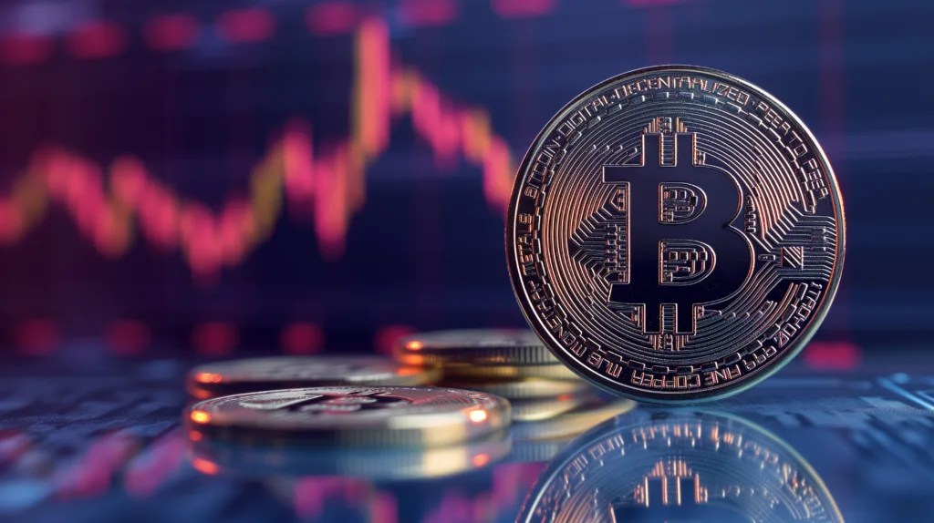 shiny bitcoin token stands sharp focus against backdrop blurred financial chart highlig